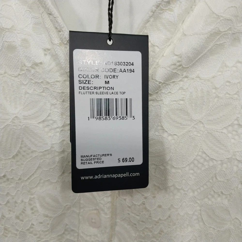 Adrianna Papell Womens Blouse Floral Lace Flutter Sleeve M Ivory AD1S303204